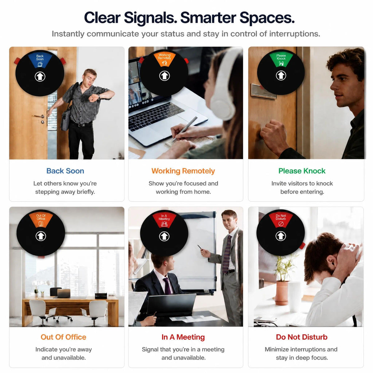2 Pack Office Door Sign Privacy - Do Not Disturb/Out of Office/In A Meeting/Back Soon/Working Remotely/Please Knock - 6 Options for Conference Studio 6 Inches (Black,Text with icons) Black/6 icon