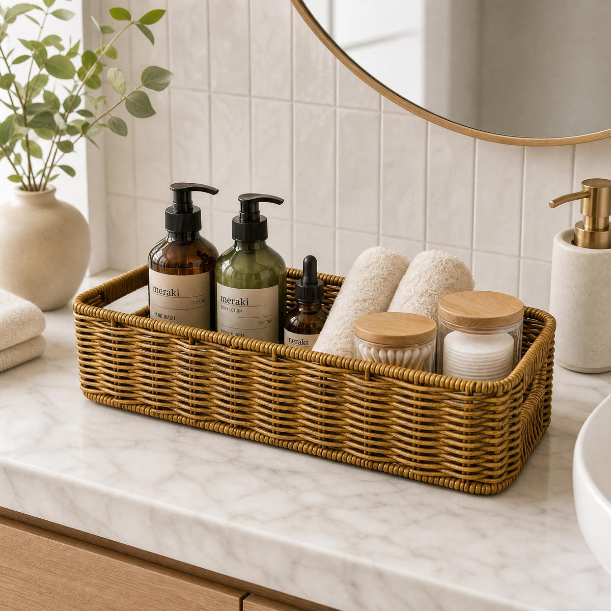 Rectangular Handwoven PVP Rattan Storage Basket with Handles