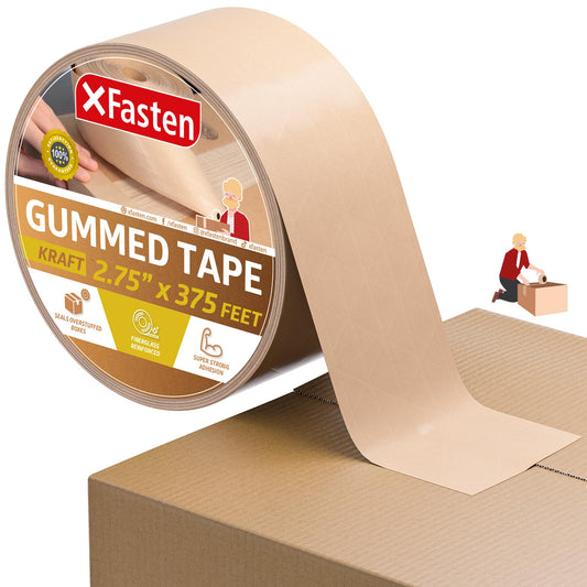 XFasten Brown Paper Packing Tape - 2.75-Inch x 375-Feet, Water Activated, Reinforced for Moving & Packing Boxes 2.75-Inches x 375-Feet (Single Pack) 1