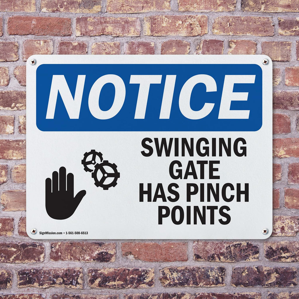 (2 Pack) Swinging Gate Has Pinch Points OSHA Notice Sign 10 Inch X 7 Inch Indoor/Outdoor Rust-Free Aluminum Metal Signs for Workplace, Workshop, and Construction Site, Made in the USA