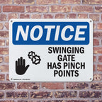 (2 Pack) Swinging Gate Has Pinch Points OSHA Notice Sign 10 Inch X 7 Inch Indoor/Outdoor Rust-Free Aluminum Metal Signs for Workplace, Workshop, and Construction Site, Made in the USA