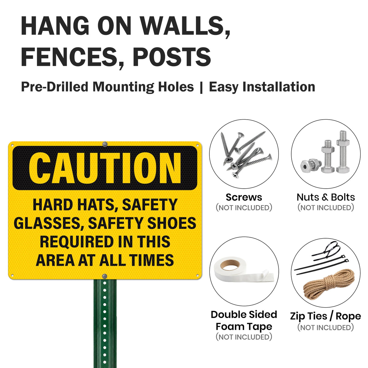 Hard Hats Safety Glasses Safety Shoes Required In This Area Sign Yellow, Black, PPE Safety 14 x 10 Inches