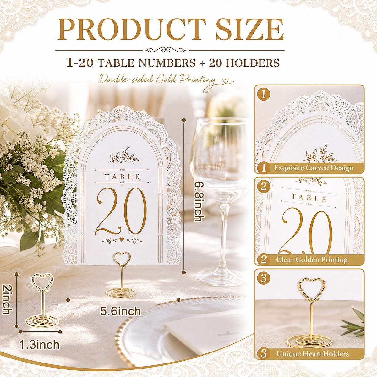 Sawysine Wedding Table Numbers 1-20 with Gold Holders, Classic 20