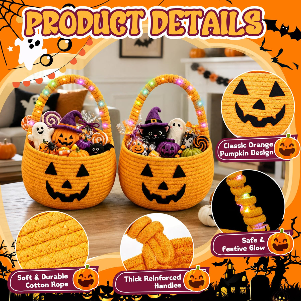 2Pcs Halloween Trick or Treat Basket with LED String Lights - Orange Orange+light