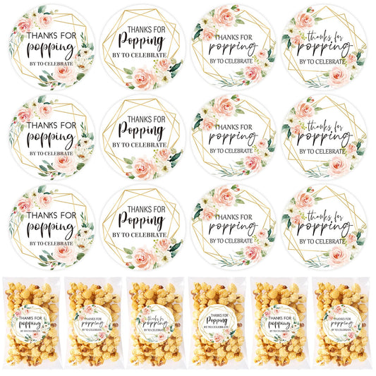 AnyDesign 120Pcs Popcorn Stickers Labels Thanks for Popping by to Celebrate Popcorn Favor Decals Pink Floral Style Self-Adhesive Paper Stickers for Greenery Baby Shower Wedding Bridal Shower, 1.6 Inch