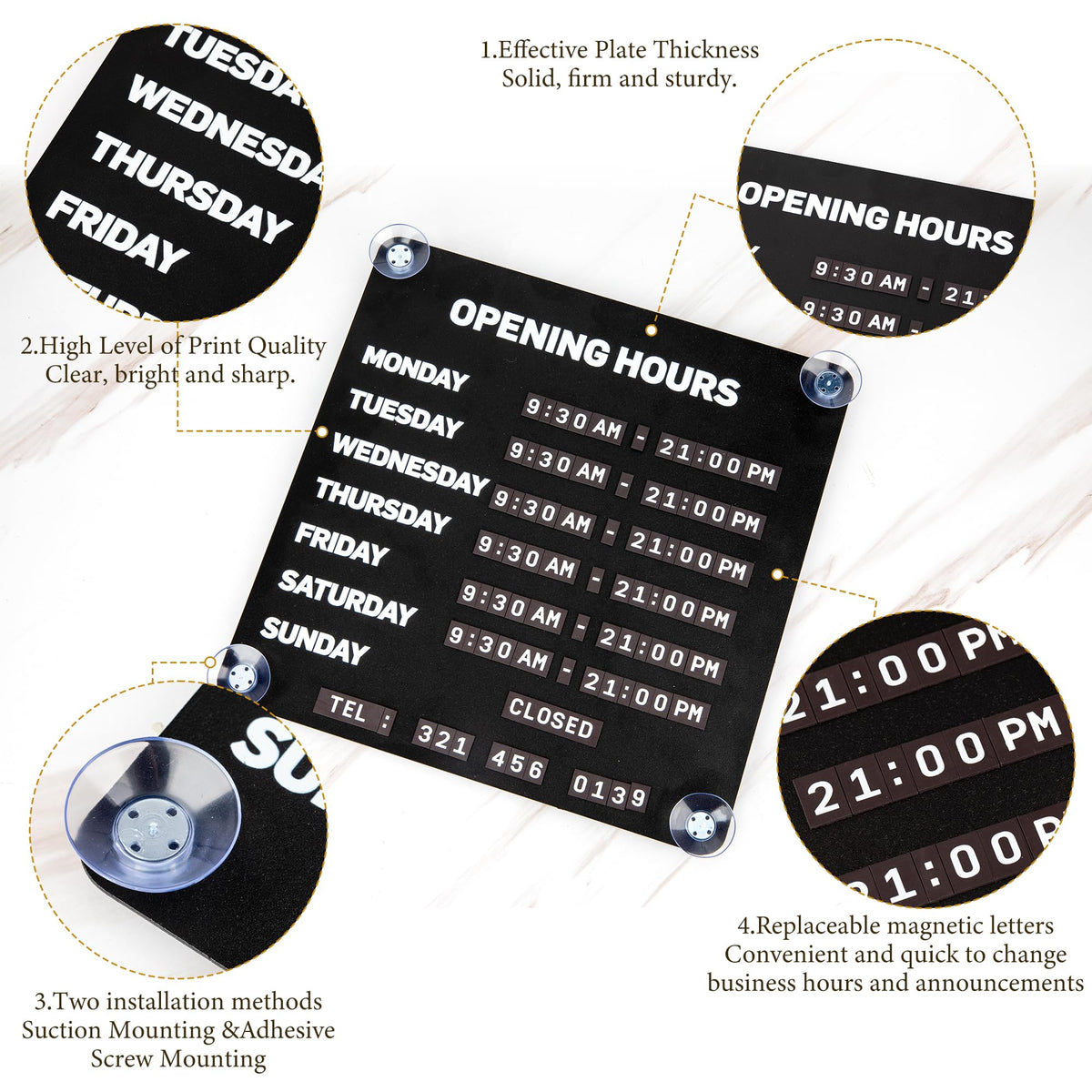 Magnetic Business Hours Sign for Glass Doors,Store Opening Hours Board Reusable Changeable Open Closed Schedule Sign with 2 Magnetic Number for Shop Cafe Salon Office BLACK-Business