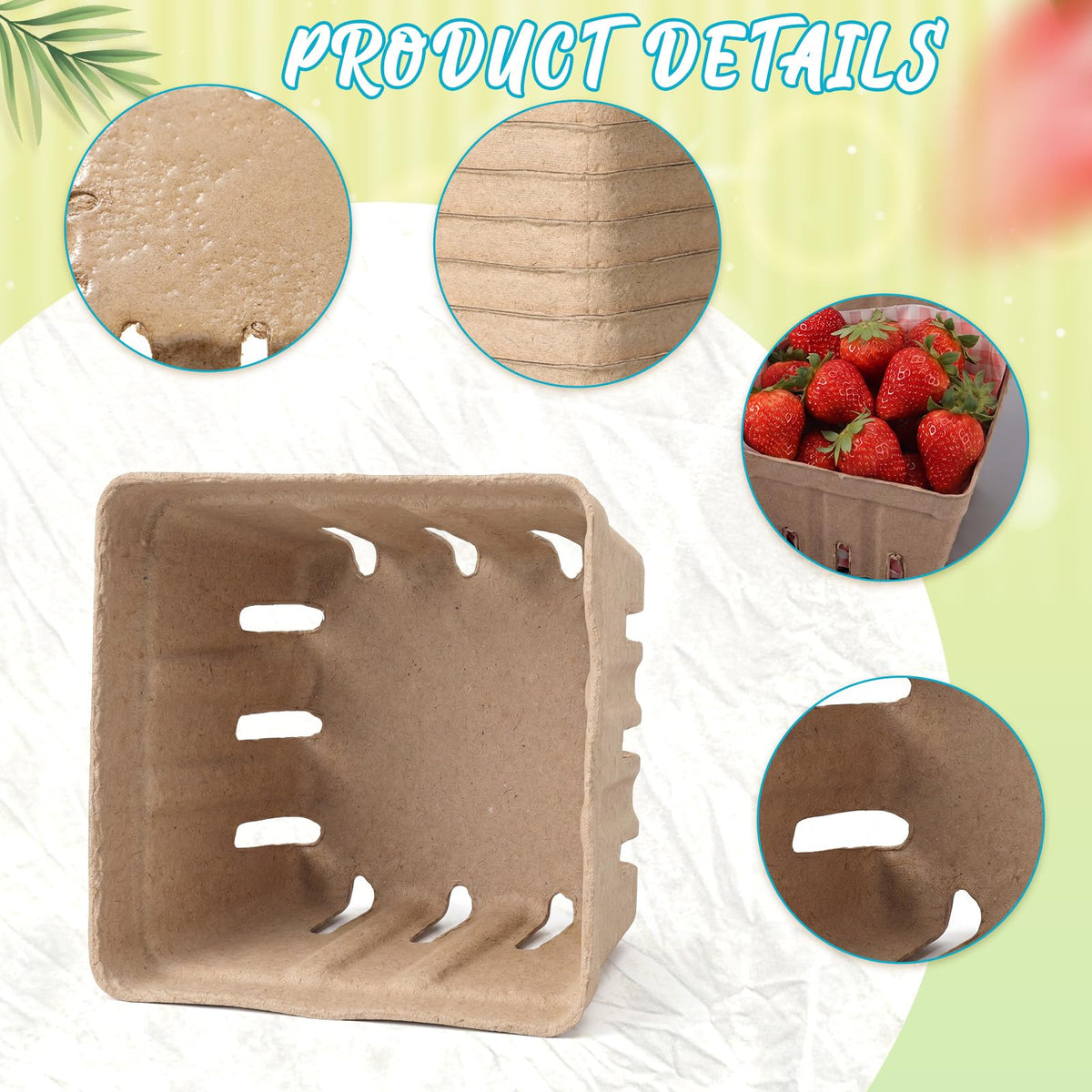 Domensi 50 Pcs Natural Pulp Fiber Berry Basket 100 Pcs Sheets of 10 x 10 Inches Wax Paper, Molded Ventilated Produce Baskets for Strawberry Blueberry Vegetable Farmer Market Grocery Stores Party Red