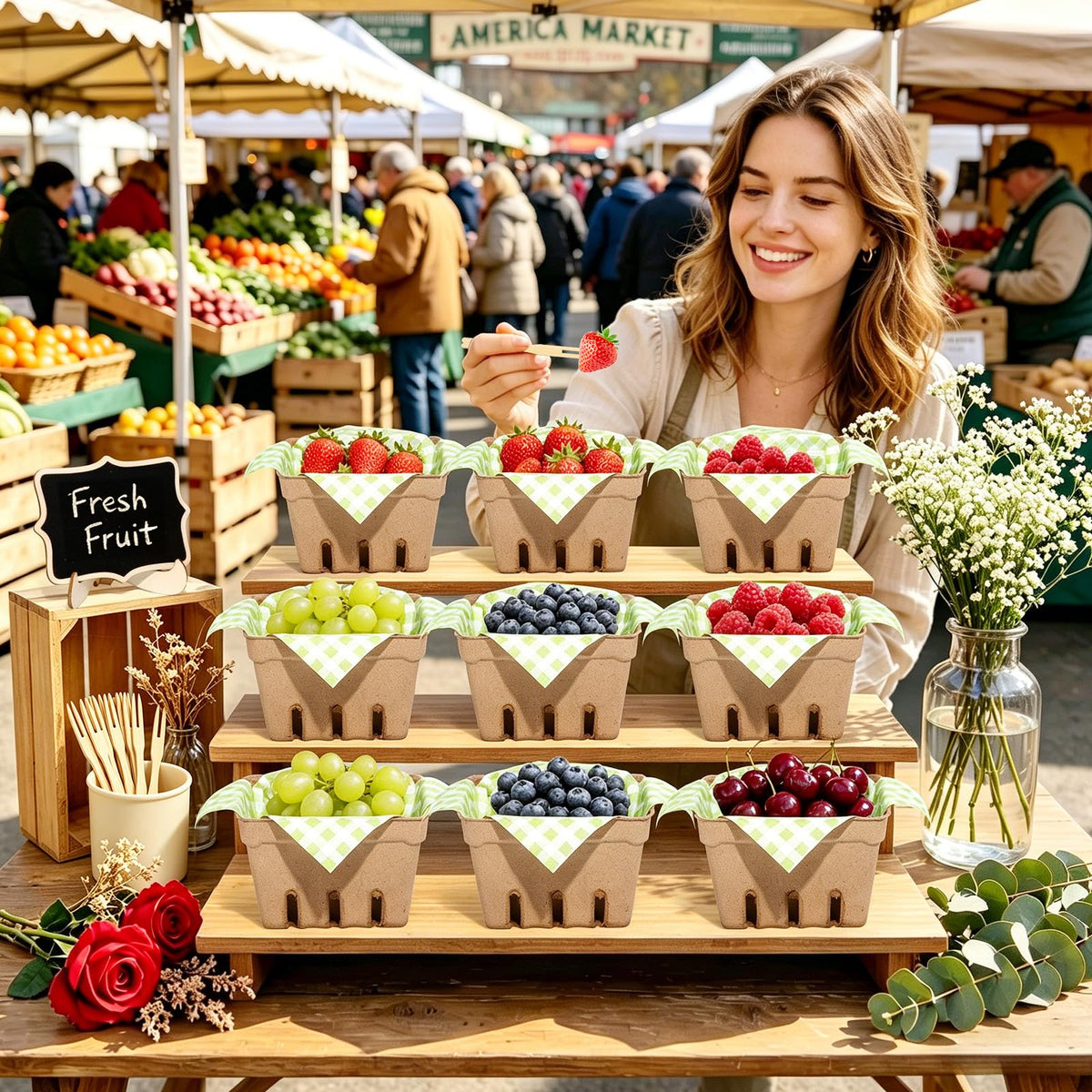 16 Set Farmers Market Decorations Natural Pulp Fiber Berry Baskets Kit with Deli Paper Sheets Bamboo Forks Mini Chalkboard Signs for Farm Stand Strawberry Blueberry Fruit Vegetable Grocery & Party Natural Green 16