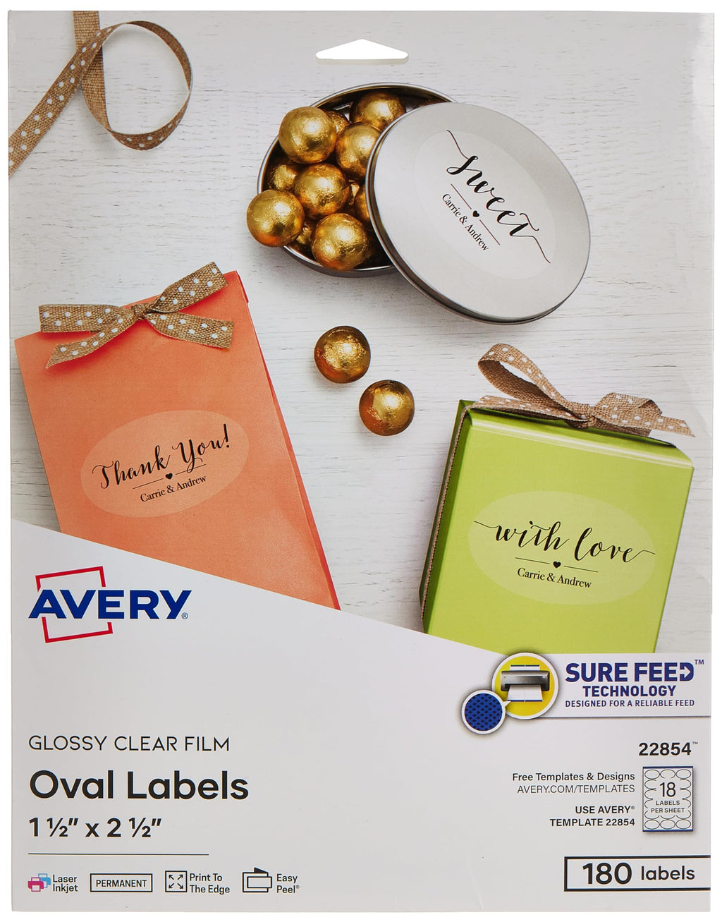 Avery Printable Blank Oval Labels, 1.5" x 2.5", Glossy Crystal Clear, 180 Customizable Labels (22854) 1.5" x 2.5" 180 labels Glossy Clear