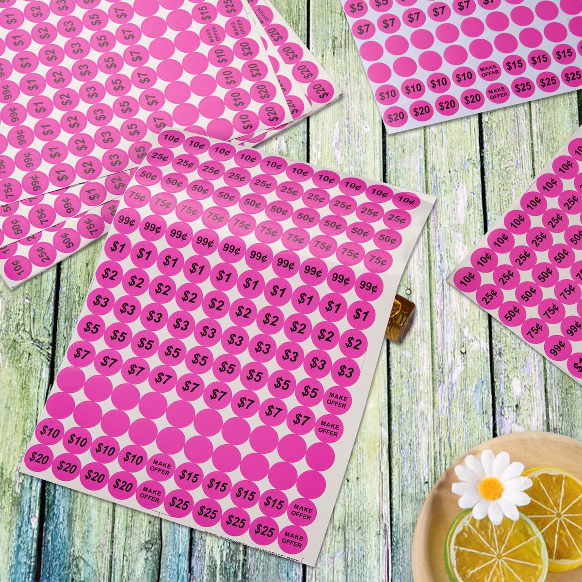 Pink Anronal 2520 count round garage sale pricing stickers with preprinted prices on removable yard sale labels.
