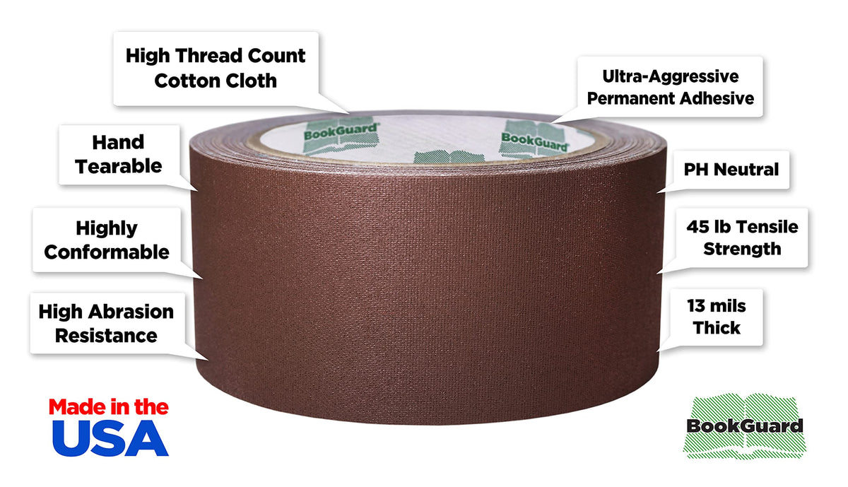 Brown BookGuard 2-inch binding repair tape roll, 15 yards long, ideal for bookbinding repair and reinforcement.