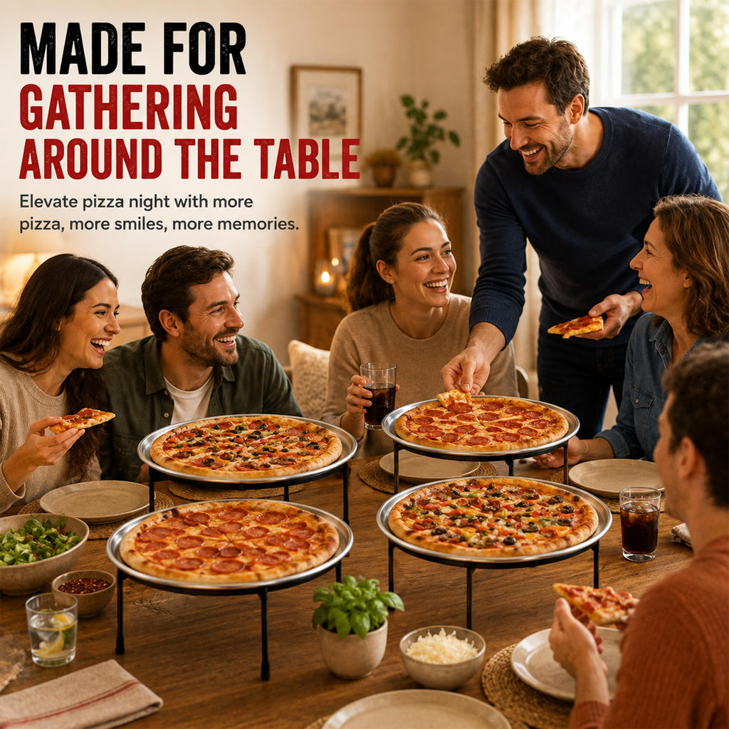 Pizza Stands for Party, 4 Riser Set with Pans and Servers & Cutter