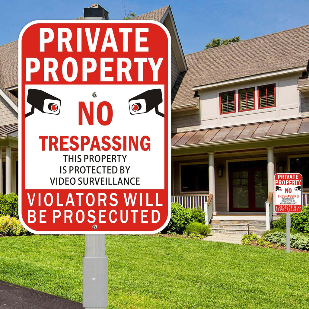 2Pack Private Property No Trespassing Signs with 36 inch Stakes, 14x10 Inches Video Surveillance Warning Sign for Home House Yard Security, Fade Resistant Aluminum 10X14" with stake