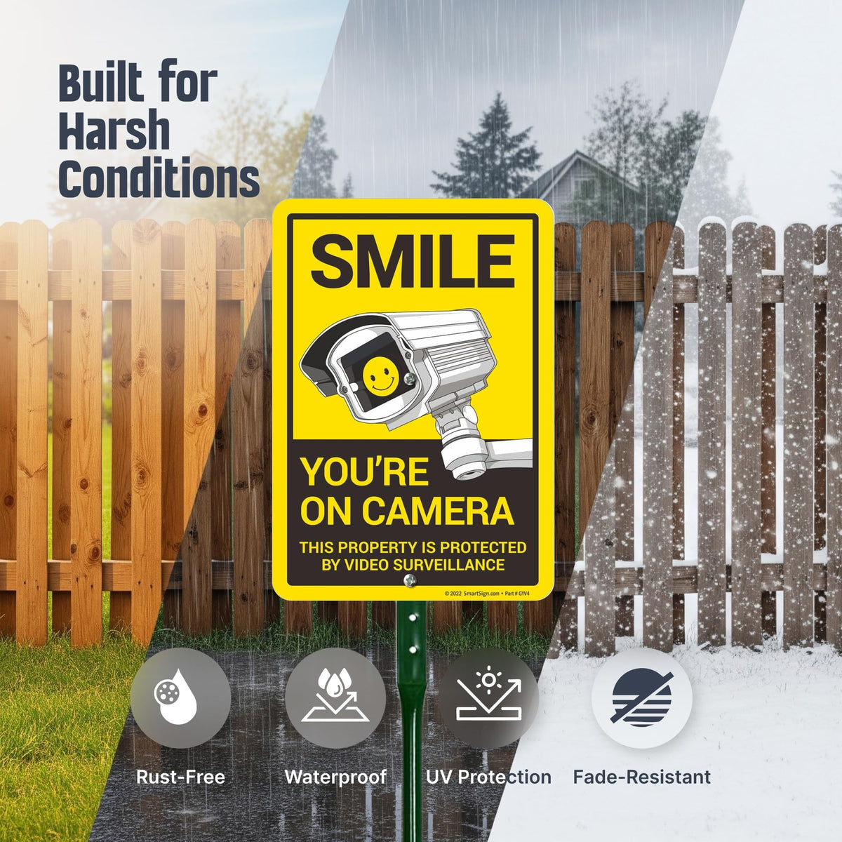 SmartSign 10x7 inch “Smile You’re On Camera, This Property Is Protected By Video Surveillance” Yard Sign with 18 inch Stake, 40 mil Aluminum, Laminated Engineer Grade Reflective, Multicolor, Set of 1