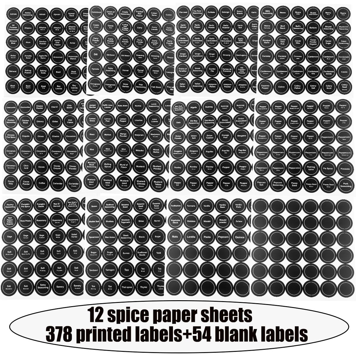 Spice Labels, 432Pcs Spice Labels Stickers 1.4in Waterproof Adhesive Round Preprinted Spice with Blank Labels Black Tear Resistant Sticker for Kitchen Jars Caps Food Containers Spice Organizers 12 Sheets