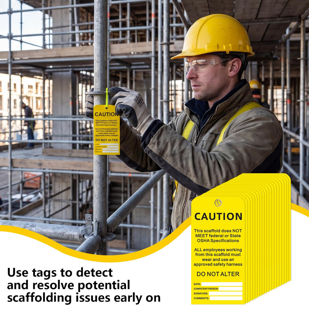 25 Pack Scaffold Status Tags with Cable Ties Yellow Caution Inspection
