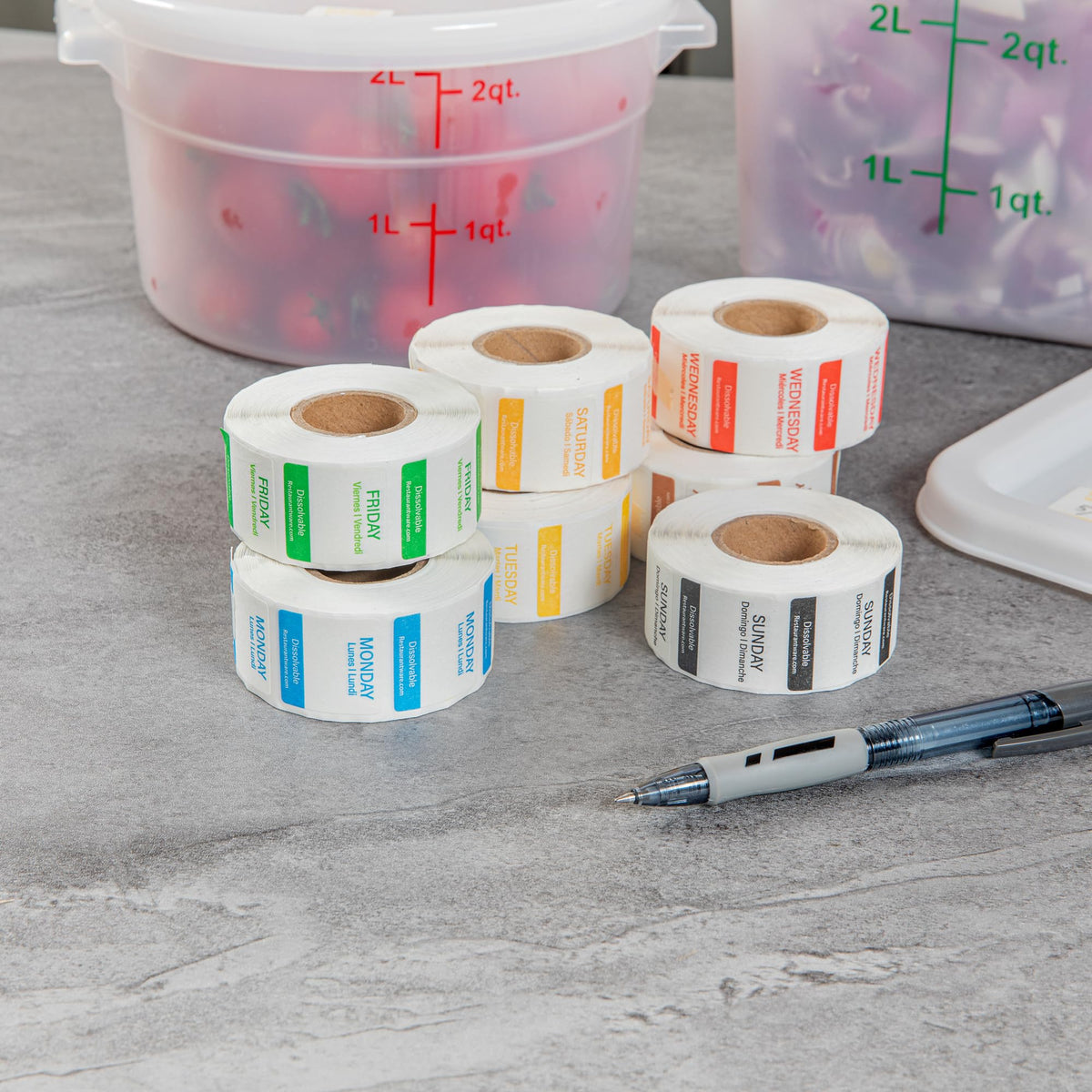 Restaurantware RW Smart 1 Inch x 1 Inch Food Rotation Labels 3500 Dissolvable Food Safety Labels - Premium Trilingual Paper Day Of The Week Labels For Food Storage Or Prep Weekly 7-Day