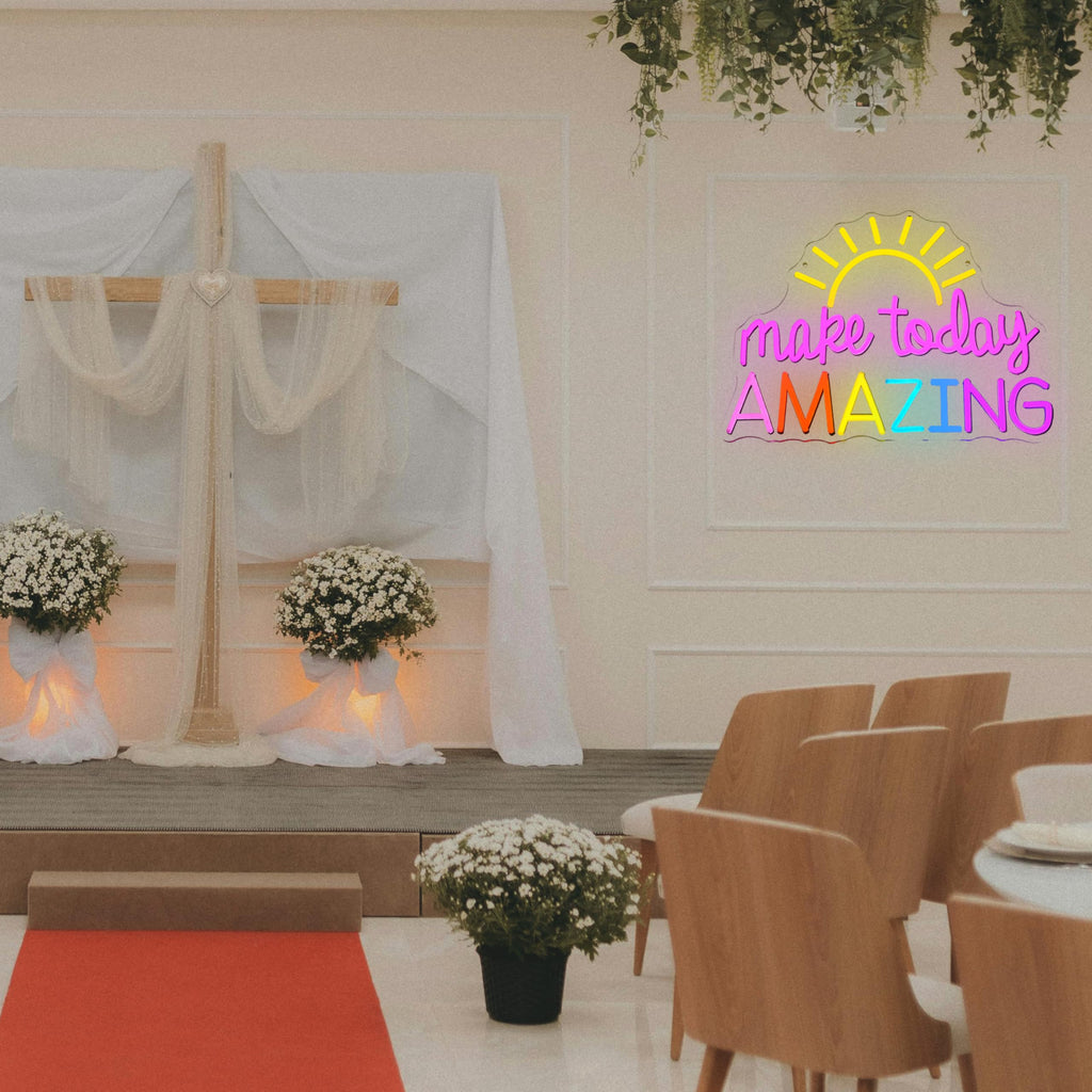 GNVETZLL Make Today Amazing Neon Sign Yellow Sunrise Neon Light Inspirational Letter Neon Light Up Sign Boho Wall Art LED Light Sign for Party Birthday Cafe Wedding Gym Half the Sun