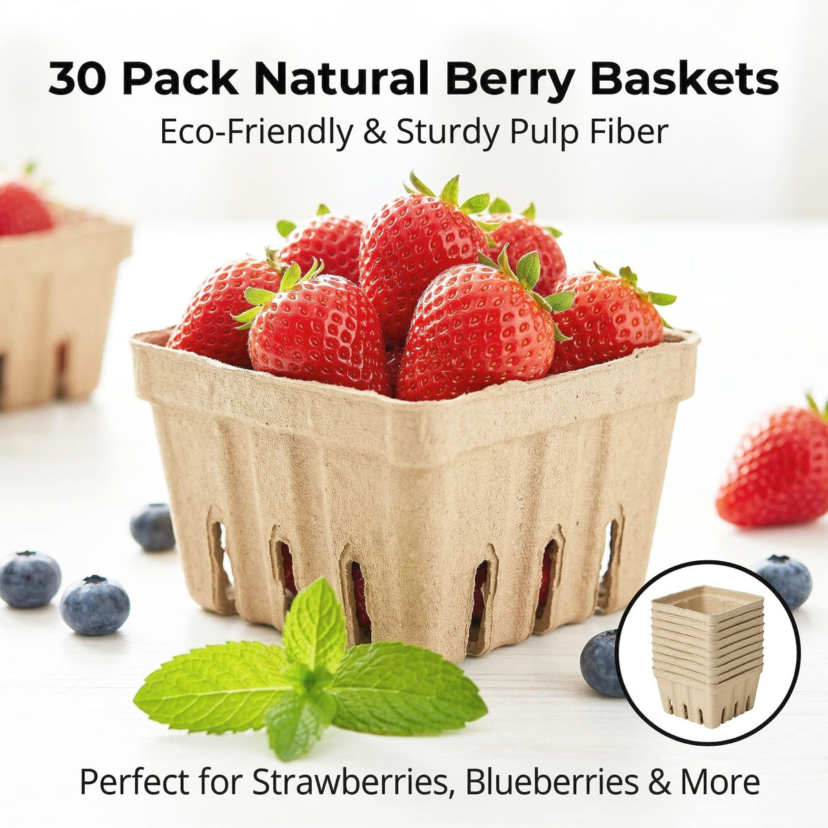 30 Pack Natural Pulp Fiber Berry Basket,Small Molded Produce Vented Basket Square