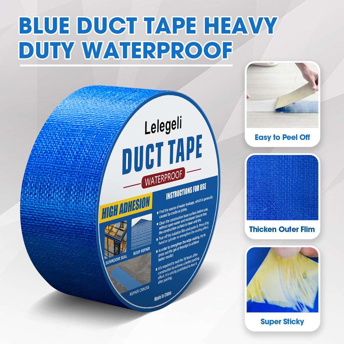 Lelegeli Blue Duct Tape Heavy Waterproof 4inch x 16ft, Waterproof Tape for Solar Pool Cover, Pool Liner Repair, Butyl Sealant Tape for RV Awning Sealing, Metal Roof Patch