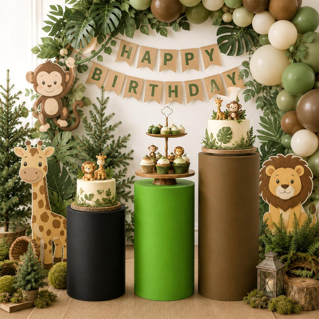 3 Set Forest Dessert Table Display Green Brown Spandex Cylinder Stand Cover Green brown and black
