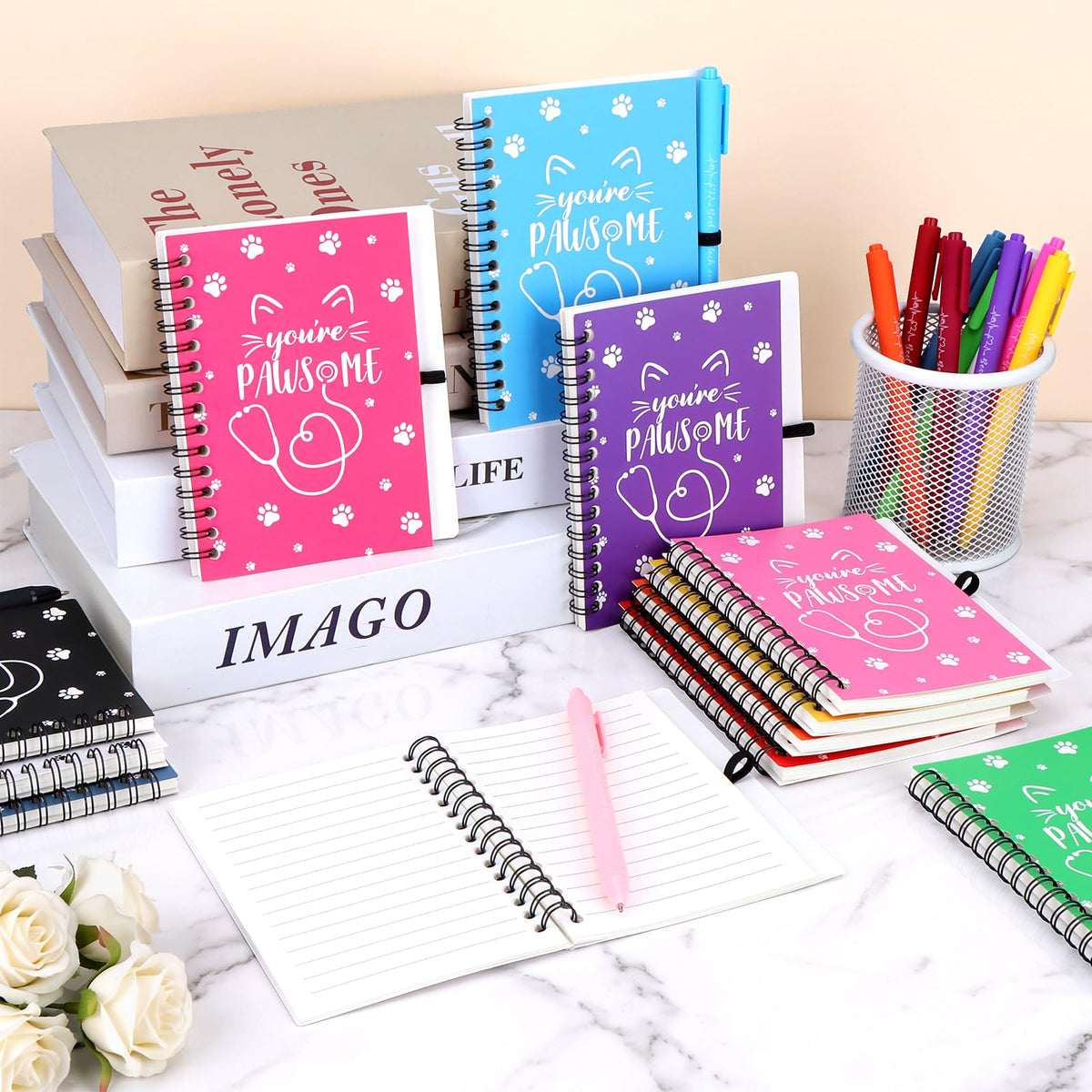 12 Sets Vet Tech Week Gifts Bulk Dog Paw Notebooks with Ballpoint Pens