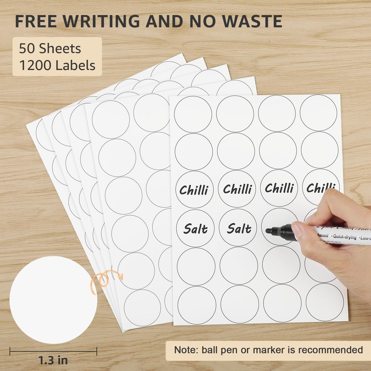 MaxGear 1200 Pcs Round Blank Labels for Spice Jars, 1.3 Inch Washable Write-On, Removable No Residue Adhesive Stickers for Kitchen Organization, Pantry Storage and Containers 1.3"