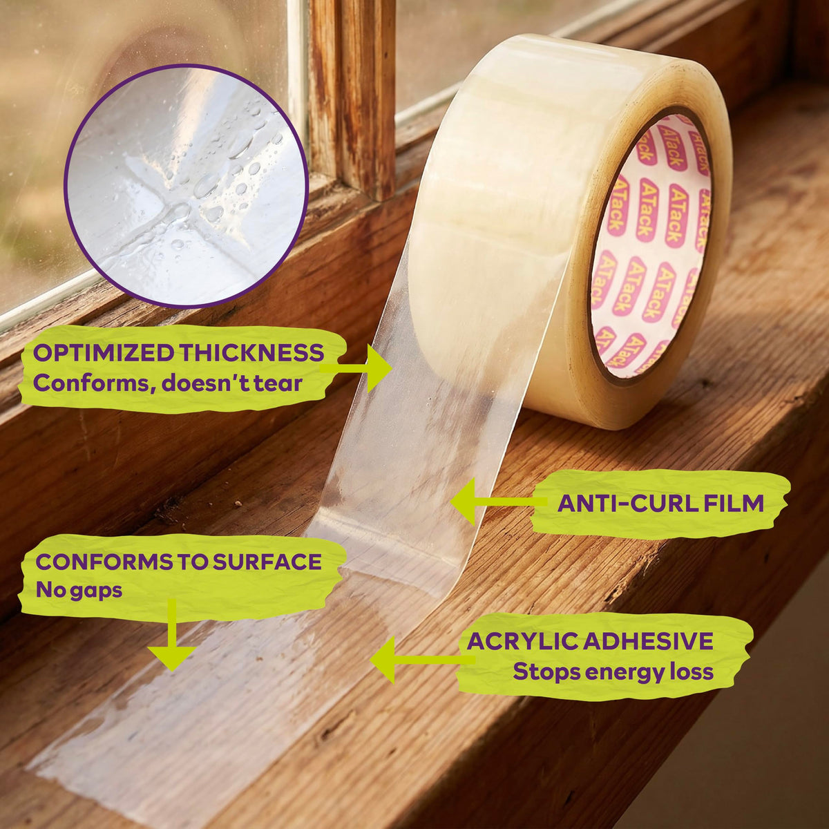 ATack Transparent Window Weather Sealing Tape, 2-Inch x 30 Yards, Clear Window Draft Isolation Sealing Film Tape- No Residue, Surface-Safe, Wood-Safe, Removes Cleanly 2" x 30 Yards (Single Pack)