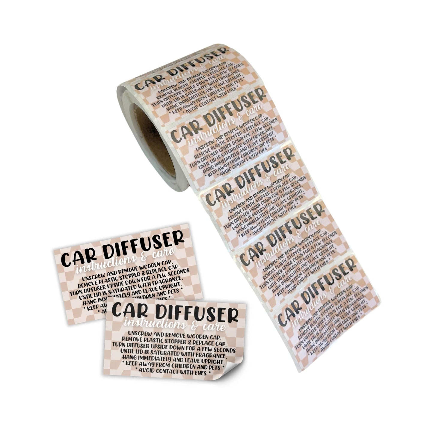 Car Oil Hanging Diffuser Care & Instructions Labels | 250 pc Roll 1.25” x 2.25” in. Stickers Reed Diffuser Car Vent Diffuser Wooden Top Minimalist Tan Checkered Warning How to Use Clients Scent Label
