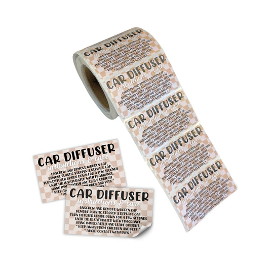 Car Oil Hanging Diffuser Care & Instructions Labels | 250 pc Roll 1.25” x 2.25” in. Stickers Reed Diffuser Car Vent Diffuser Wooden Top Minimalist Tan Checkered Warning How to Use Clients Scent Label