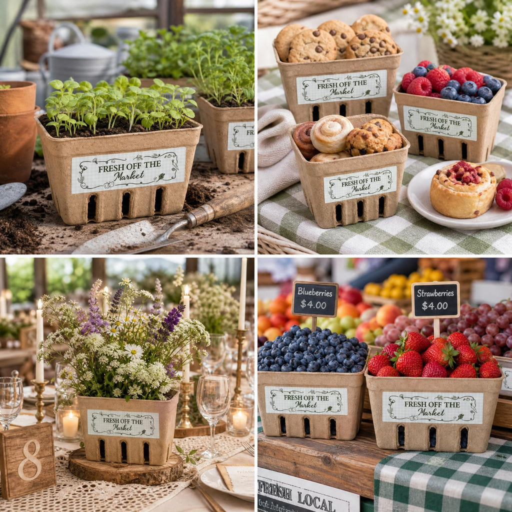 60 Sets Natural Pulp Berry Baskets with Fresh off the the Market Stickers Berry Carton Farmer Market Party Bridal Shower Favor Small Vented Produce Containers for Locally Grown Grocery