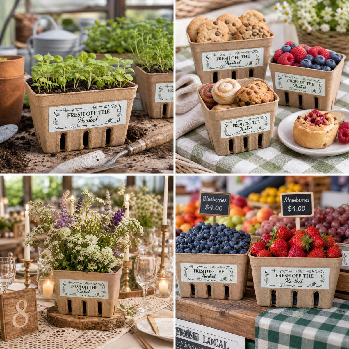 60 Sets Natural Pulp Berry Baskets with Fresh off the the Market Stickers Berry Carton Farmer Market Party Bridal Shower Favor Small Vented Produce Containers for Locally Grown Grocery
