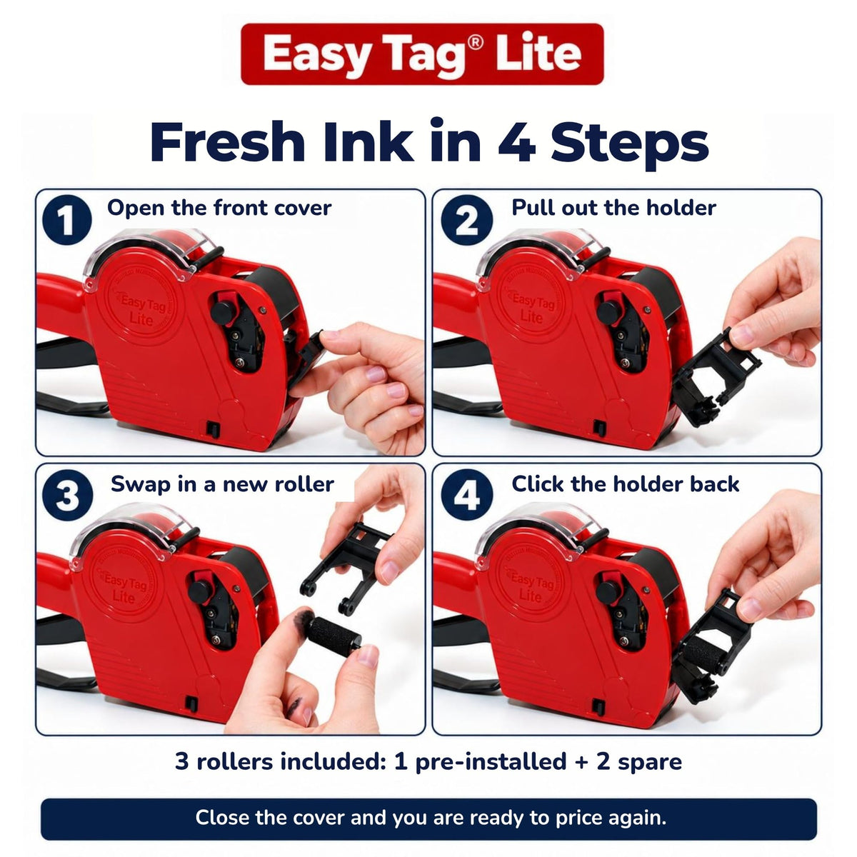 Easy Tag Lite Price Gun, 8 Digits 5500EOS Pricing Gun with 5,000 White Label Stickers, 3 Ink Rollers, 1 Scraper, Price Guns for Retail, Yard Sale (Red)