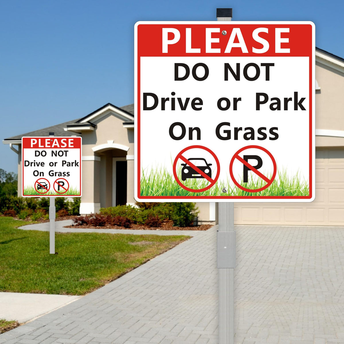 2Pack Please Do Not Drive Or Park On Grass Sign, Keep Off The Grass Yard Sign With 28" Metal Stakes, 10 x 10 Inch No Parking on Grass Sign, Weatherproof, Easy To Install