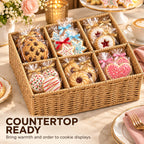 Cookie Display Stand, 6-Compartment Woven Snack Basket for Vendors, Natural