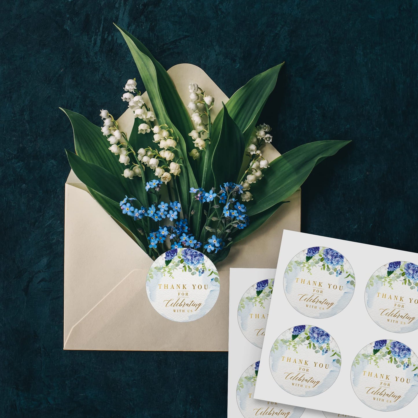 Mobiusea Creation Blue Floral Thank You for Celebrating with us Stickers | 2 inch | Gold Foil | 60pcs Waterproof Thank You Stickers Wedding Labels for Wedding, Bridal Shower, Baby Shower