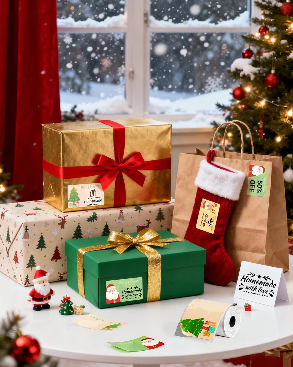 Phomemo White Thermal Labels with 3 Patterns(Santa/Tree/Reindeer) Labels