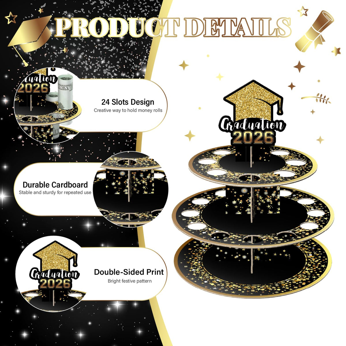 2026 Graduation Money Gift Holder, Celebration Cash Cake Stand with 24 Bill Slots, Graduation Money Tree for Women Men High School College Congrat Grad, Party Display Decorative - Black and Gold Black Gold (Pack of 1)