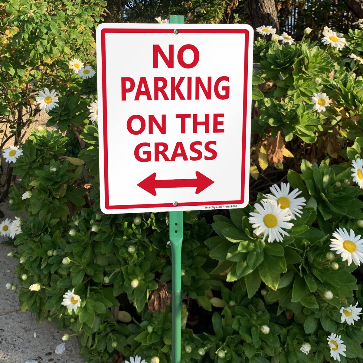 SmartSign 12 x 10 inch “No Parking On The Grass” Arrow Yard Sign with 3 foot Stake, 40 mil Laminated Rustproof Aluminum, Red and White, Set of 1
