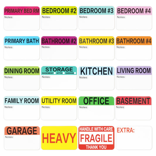 600 Mixed Color-Coded Writable Moving Labels (2" x 3") with 20 Designs, Fragile Stickers, Heavy & Blank Labels
