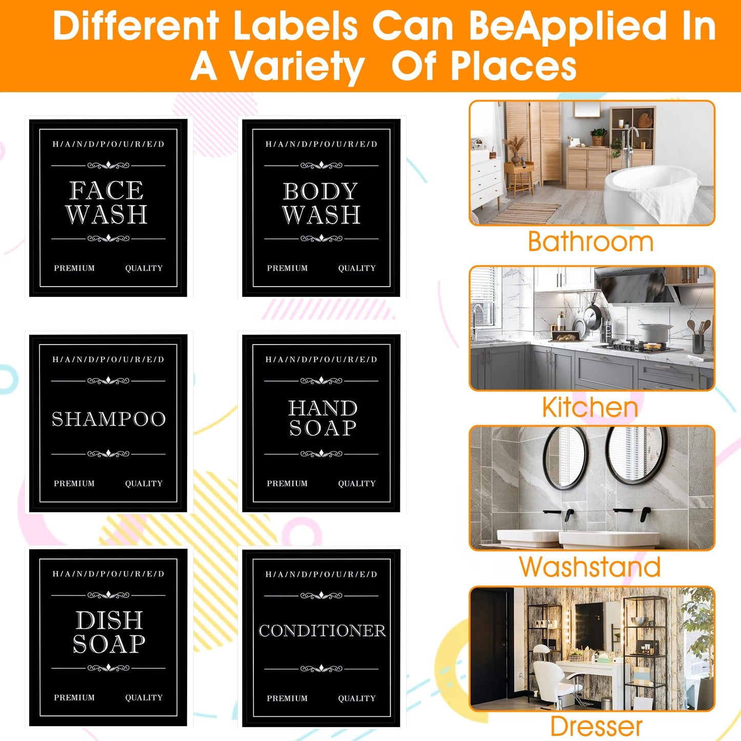Waterproof Labels for Bottles, 30Pcs Removable Bathroom Organization Stickers for Hand/Dish Soap Shampoo Conditioner Body/Face Wash, Toiletry Labels for Plastic/Glass Bottles
