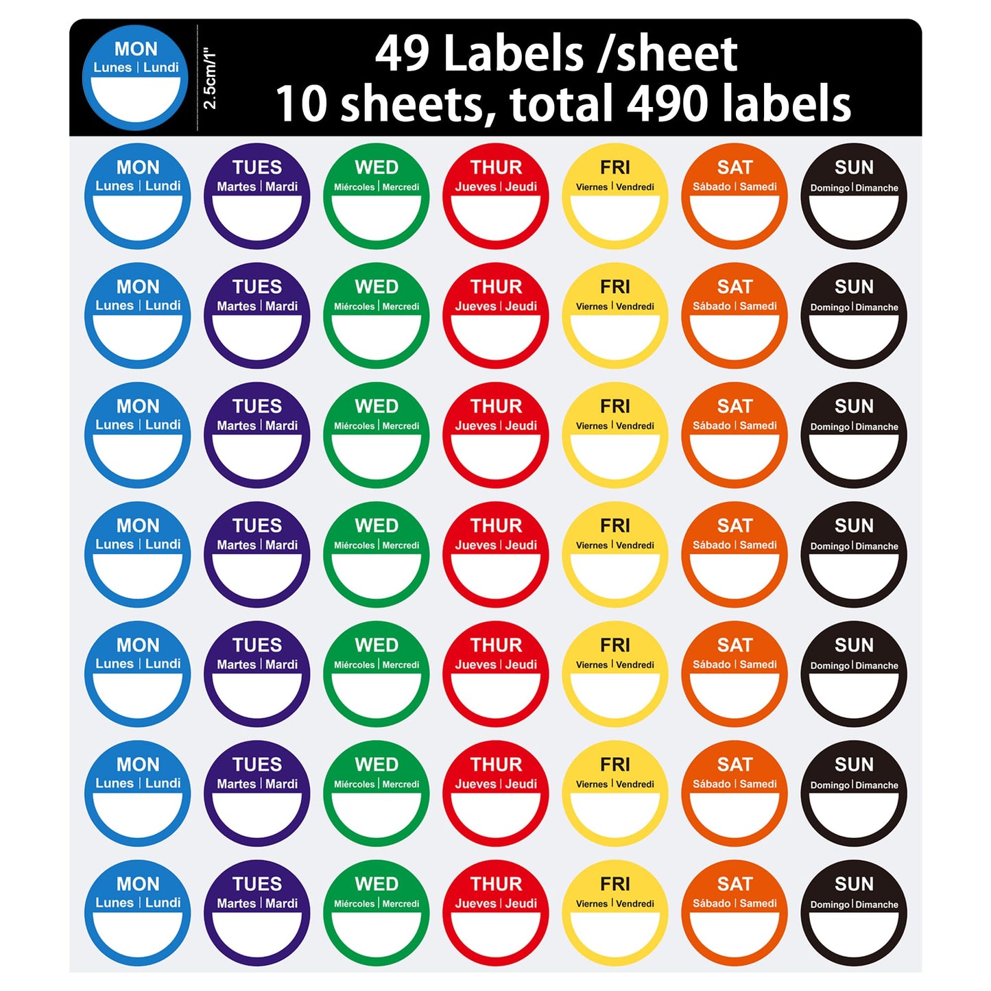 HYBSK 1 inch Day of Week Labels (Mon-Sun) FIFO Food Restaurant Day Dots Inventory Management Labels 10 Sheets a Pack