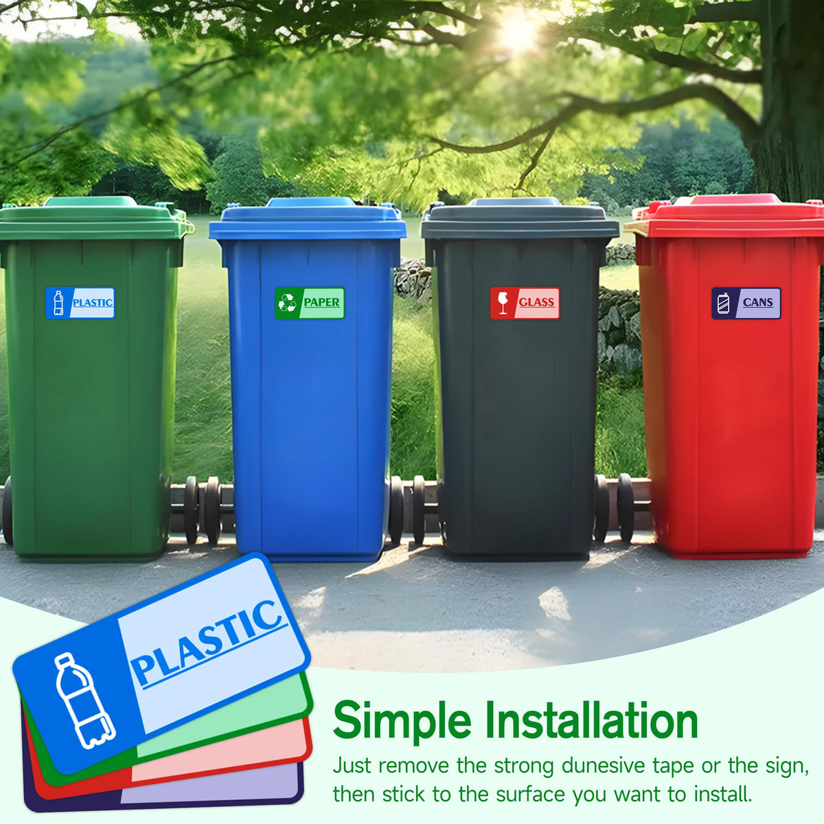 Set of 4 waterproof, fade-resistant recycling stickers for trash bins, featuring clear labels for home, office, and public areas.