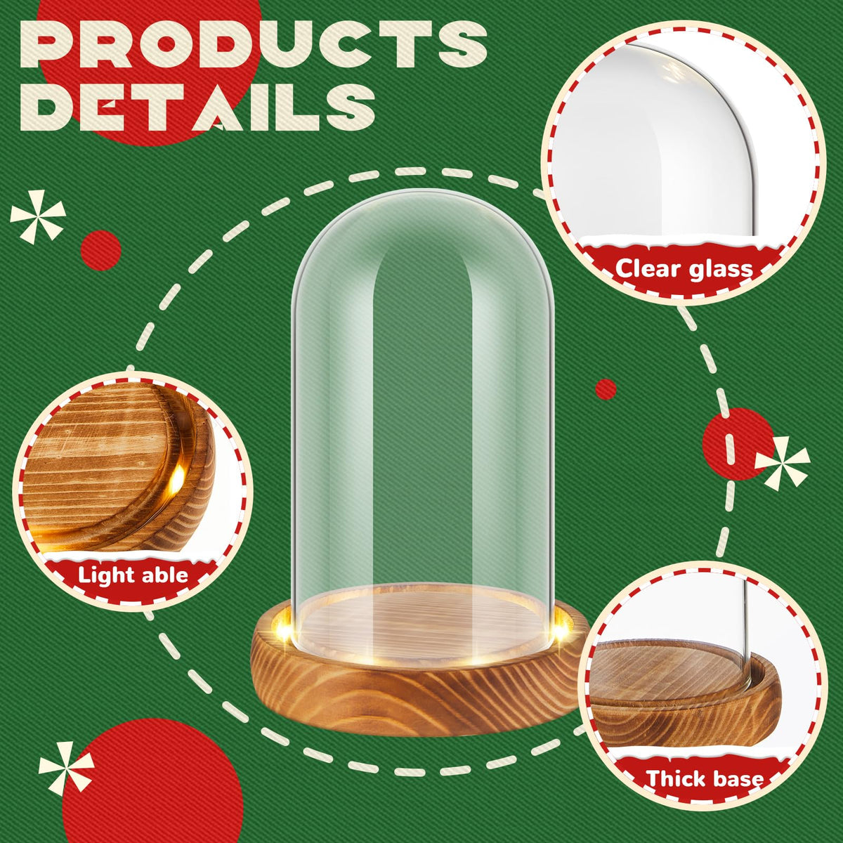 4 Pack 4.72'' x 2.76'' Christmas Glass Cloche Domes with Light Wood Base 4.72'' x 2.76''