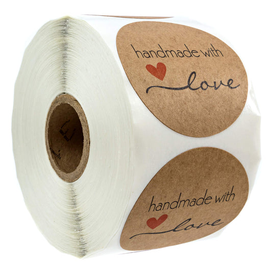 2" Round Natural Brown Kraft Handmade with Love Stickers/Roll of 500 Labels/Homemade Handmade DIY Project Labels/Made in The USA 500 Qty 2”