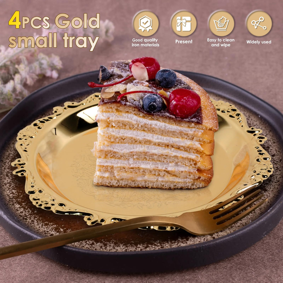 4 Pcs Metal Iron Golden Plate Round Jewelry Dish Tray Decorative Serving Dish Plates Small Nut Serving Tray Retro Key Trays for Food Drinks Snack Coffee Hanging Wall Decor