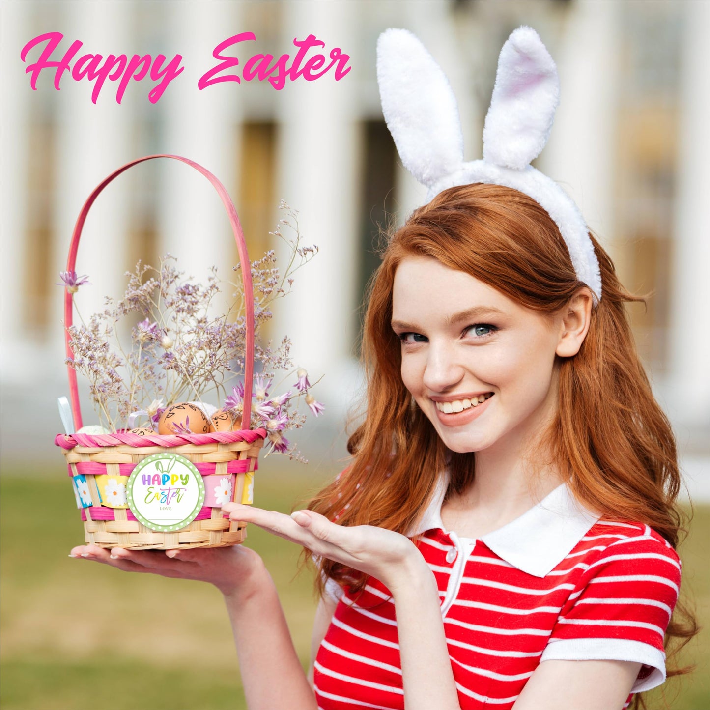 Happy Easter Stickers(40Pcs), 2 Inches Big Stickers for Kids and Adults, Bunny Ears Self-Adhesive Round Label for Goodie Bags, Gift Box, Cards, Party Supplies for Easter Decoration-A05