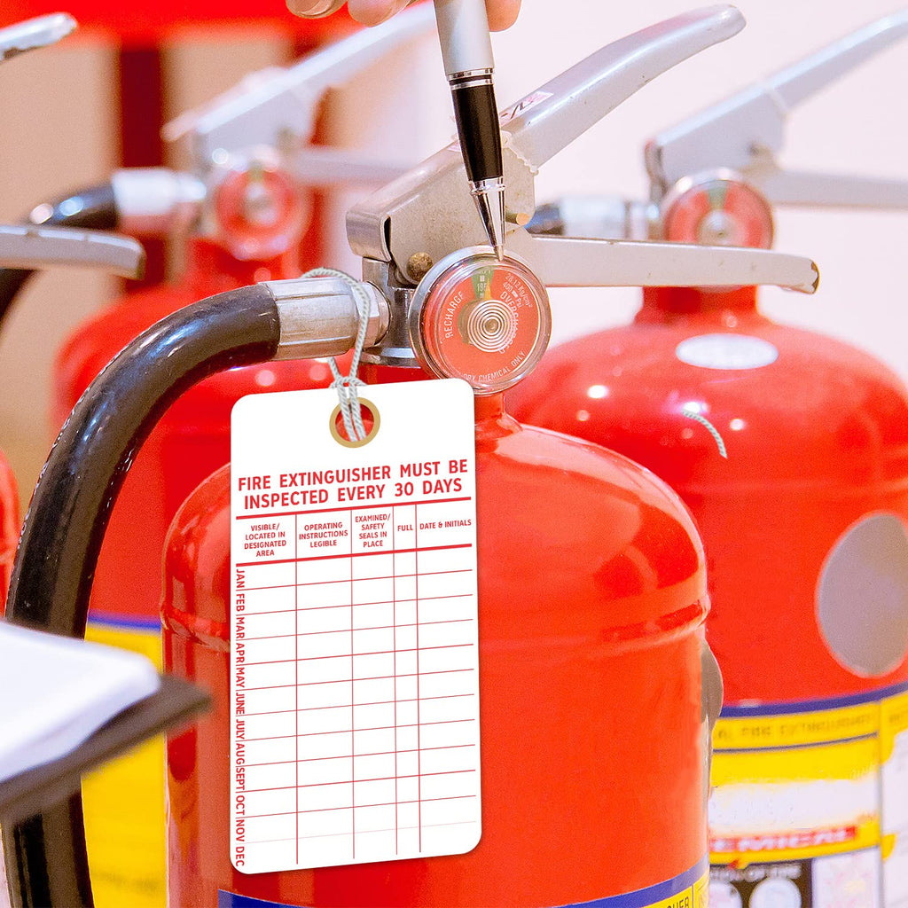SmartSign “Fire Extinguisher Must Be Inspected Every 30 Days” Monthly Inspection Tags, 5.75 x 3 inch 13 Point Cardstock, Red and White (Pack of 100)