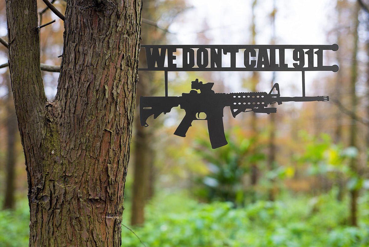 No Trespassing Sign "You're In Range" Metal Wall Tree Hanger Decor – Outdoor Indoor Gun Owners "We Don't Call 911" Monogram Display – Heavy Duty Steel Security Warning – Home Protection – 12.5" Tall We Don't Call 911