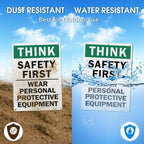 T&R Large Think Safety First Sign Wear Personal Protective Equipment - 2 Pack - 14 x 10 Inches Rust Free .040 Aluminum Reflective - UV Protected, Waterproof and Fade Resistant - 6 Pre-drilled Holes 2 Pack - Think Safety First